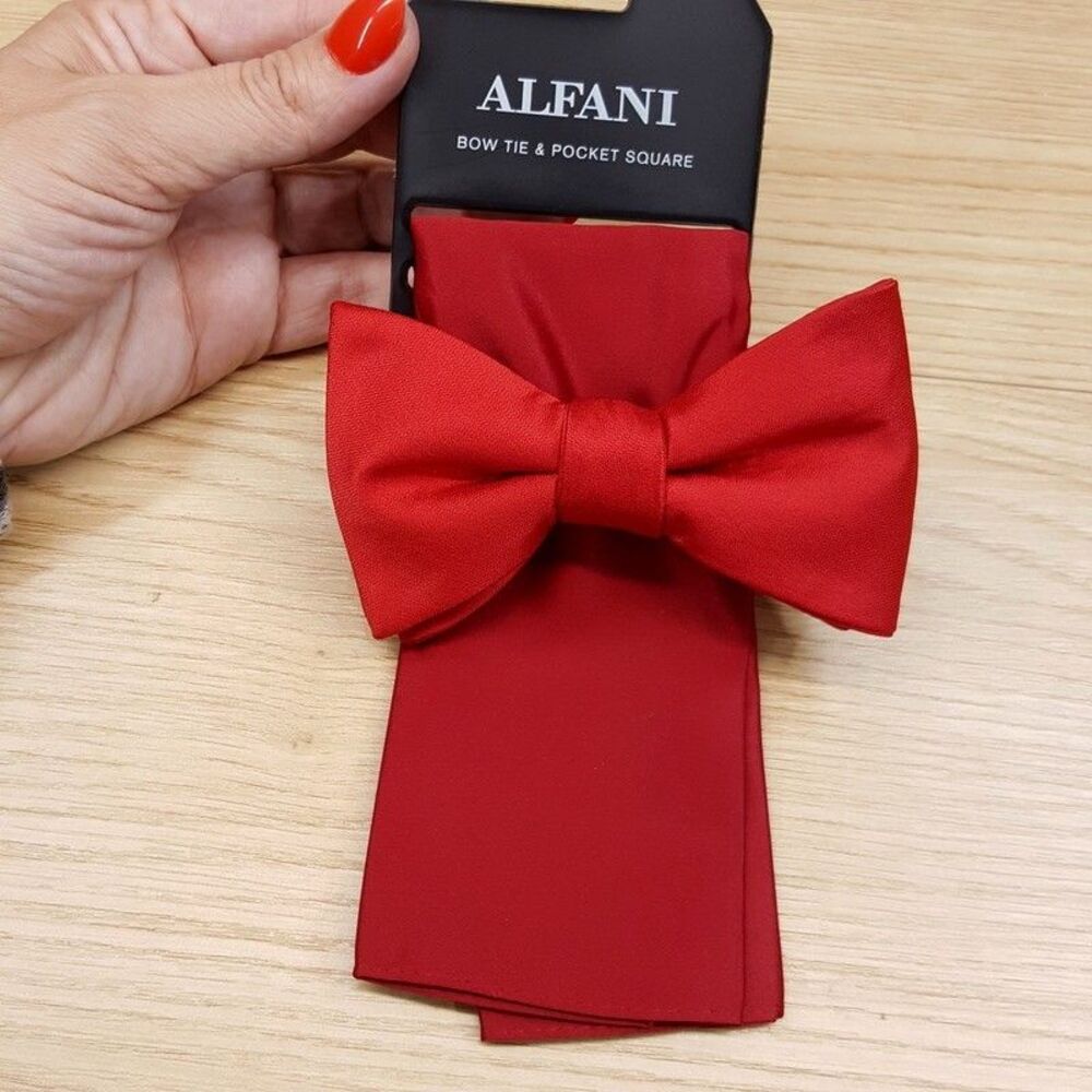 ALFANI Mens Bow Tie & Pocket Square Solid Red Satin Pre-Tied Set